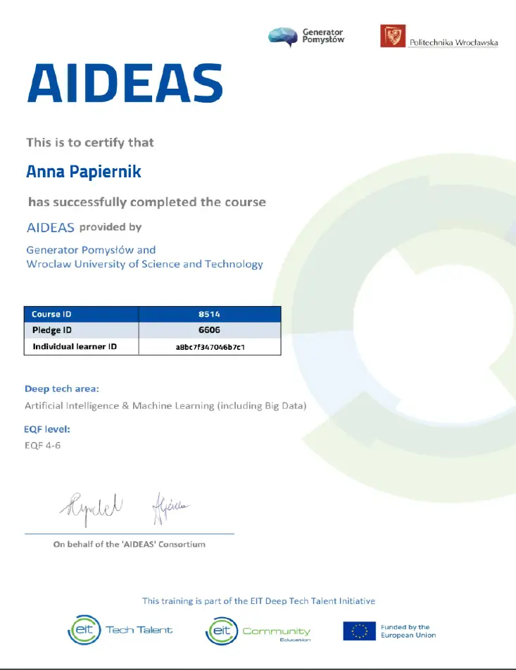 Anna Papiernik - Certyfikat AIDEAS 2