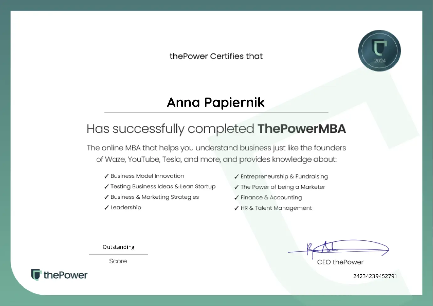 Anna Papiernik - Certyfikat PowerMBA