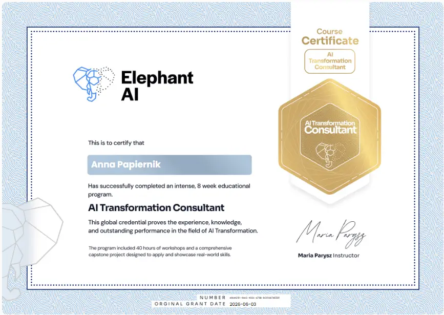 Anna Papiernik - Certyfikat AI Transformation Consultant
